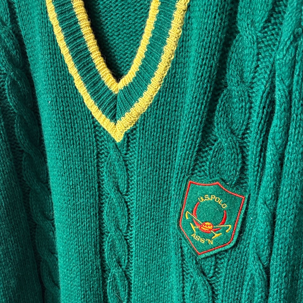 VINTAGE Virgin wool U.S. Polo Assn. V-Neck Sweater in Green with Yellow Trim - Picture 3 of 5